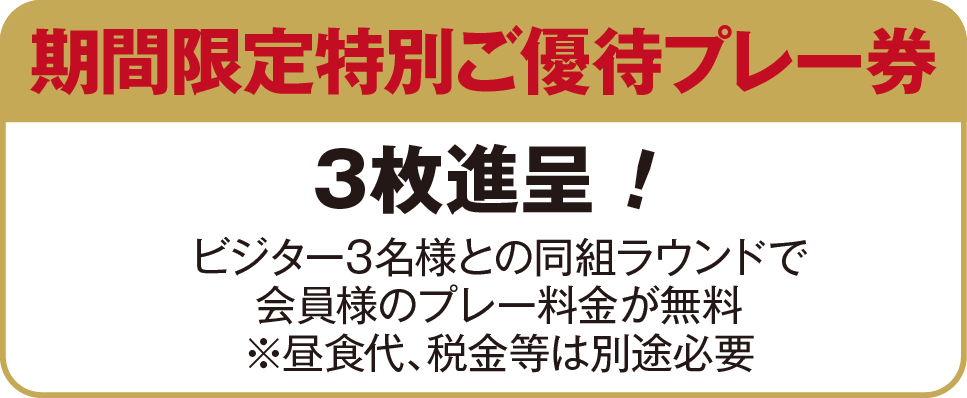 期間限定の無料券を3枚進呈いたします。※昼食代、税金などは別途必要です。